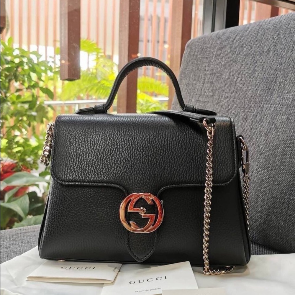 Gucci Dollar Calfskin Interlocking G Top Handle Shoulder Bag Black